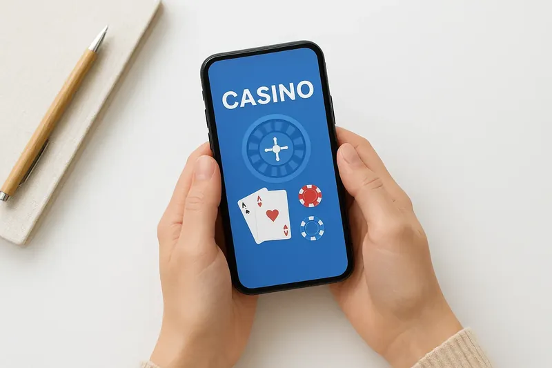 Hands holding phone with casino app above clean white desk