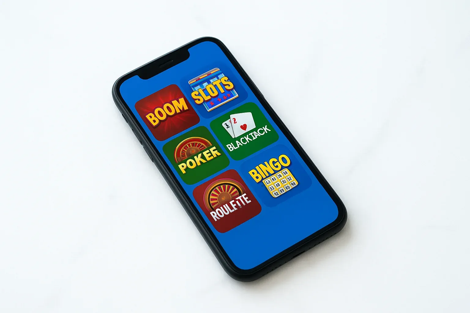 Smartphone on white marble showing bright casino game selection grid