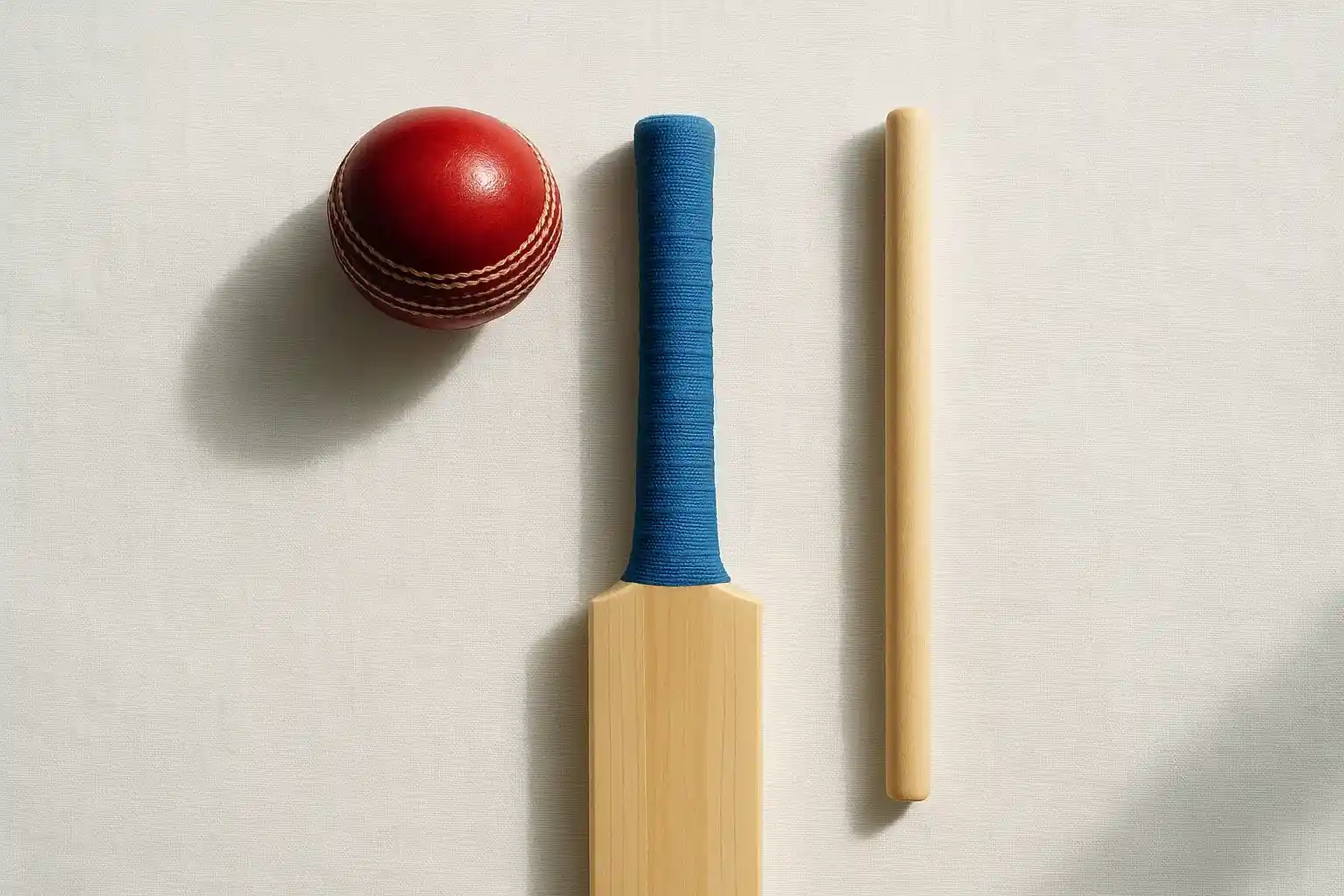Overhead flat lay of cricket ball, bat handle and stump