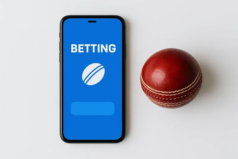 Smartphone with bright betting app beside cricket ball on white background