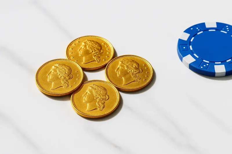 Five gold coins on cream marble with poker chip edge