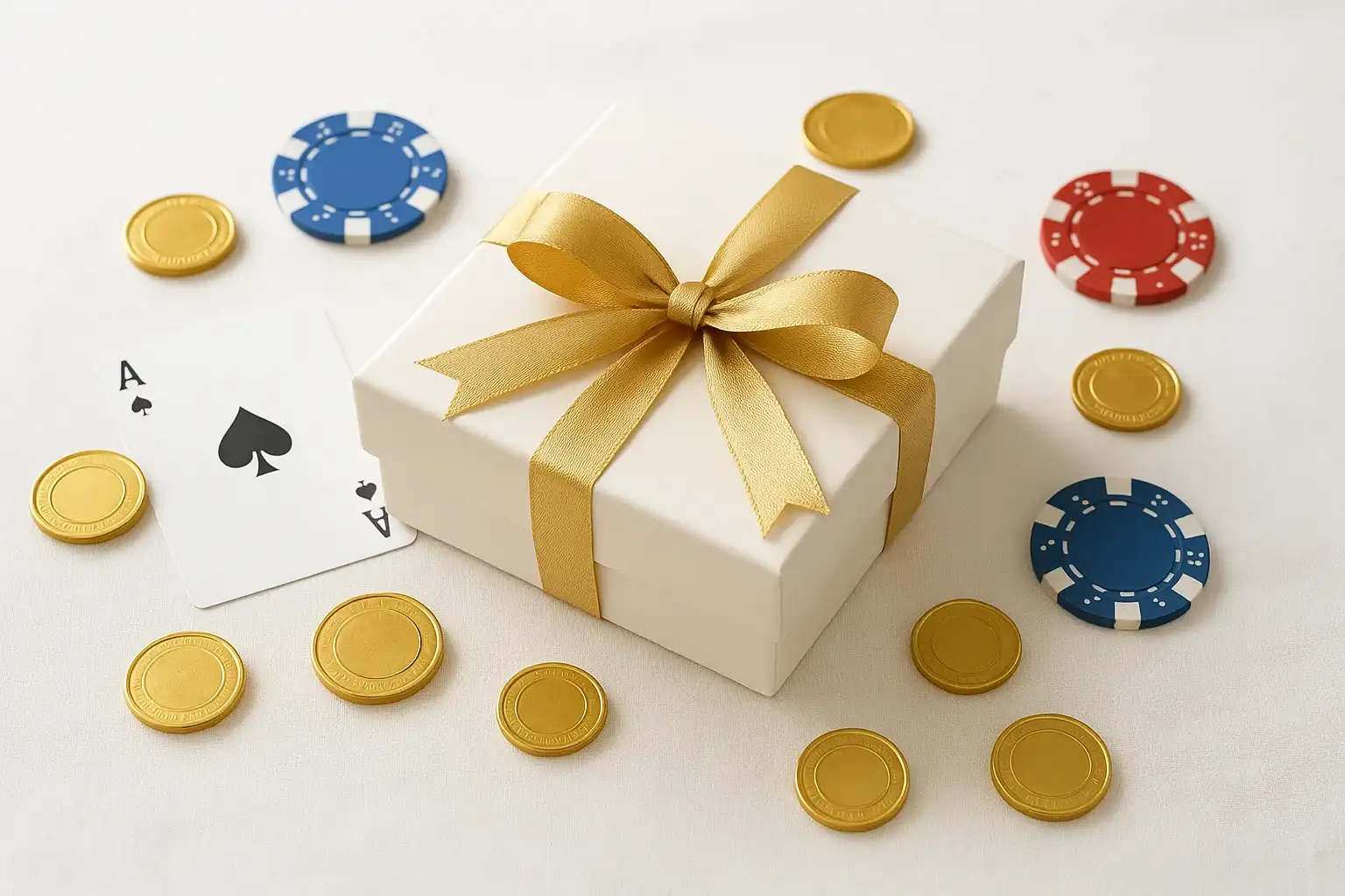 Premium gift box with casino chips, cards, and gold coins