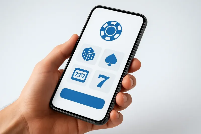 Hand holding smartphone with clean light-themed casino interface in warm lighting