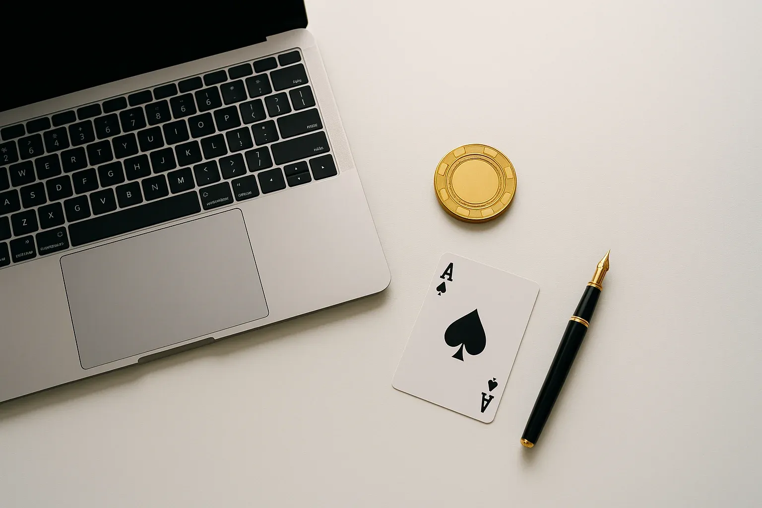 Overhead glass desk with laptop, casino chip, ace card, and pen