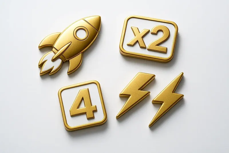 Gold and white instant game icons with rocket and lightning