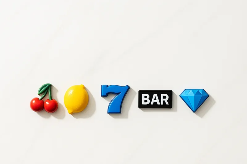 Five polished slot symbols in a neat row on white marble