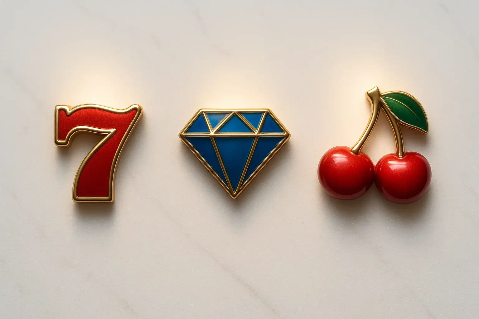 Three polished slot symbols on white marble with warm spotlights